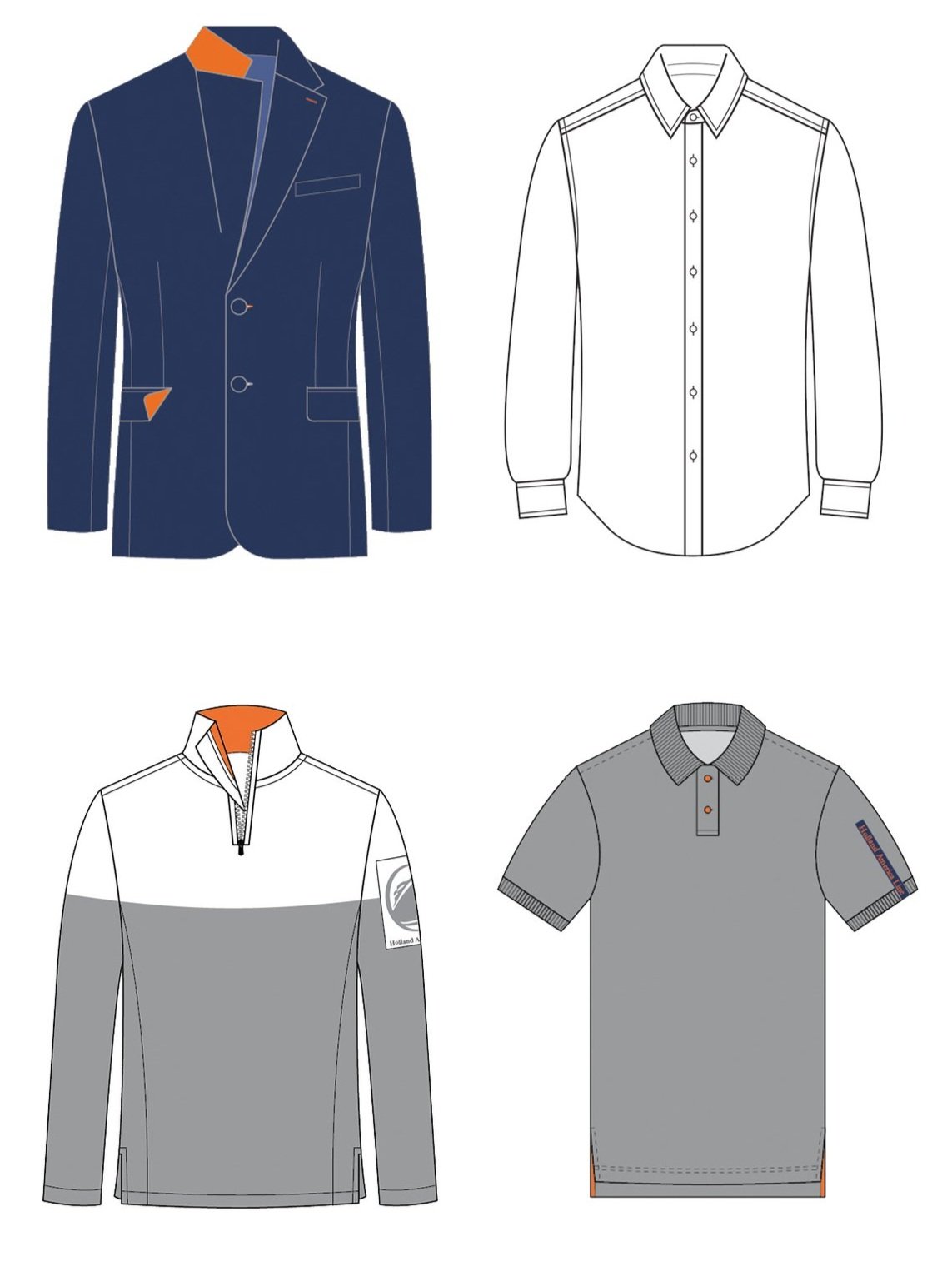 Technical flat drawings of uniform garments
