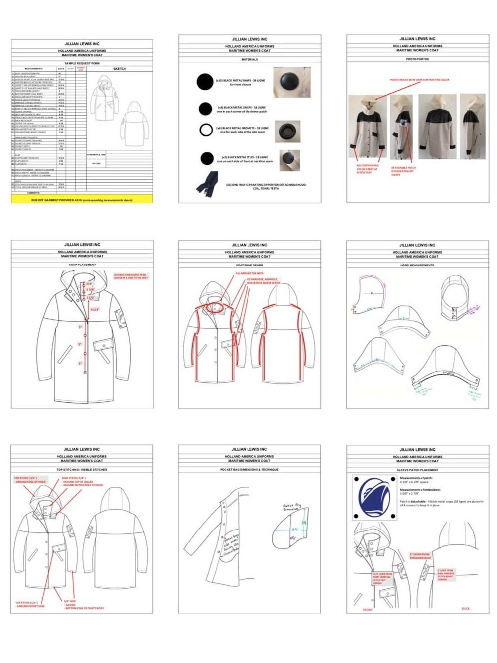 A UNITEN garment tech pack specification sheet